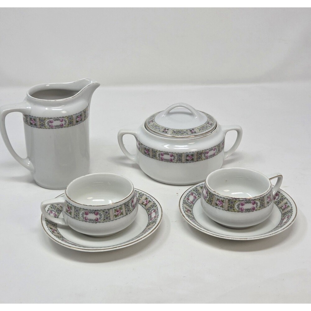 KPM Germany Antique‎ Porcelain Tea Set Creamer Sugar 2 Cups Saucers Rose 1900s